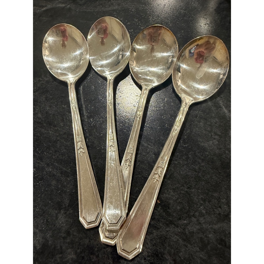 4 WM Rogers Mayfair 1923 Silverplate Round Bowl Soup Spoons 7in Vintage Art Deco
